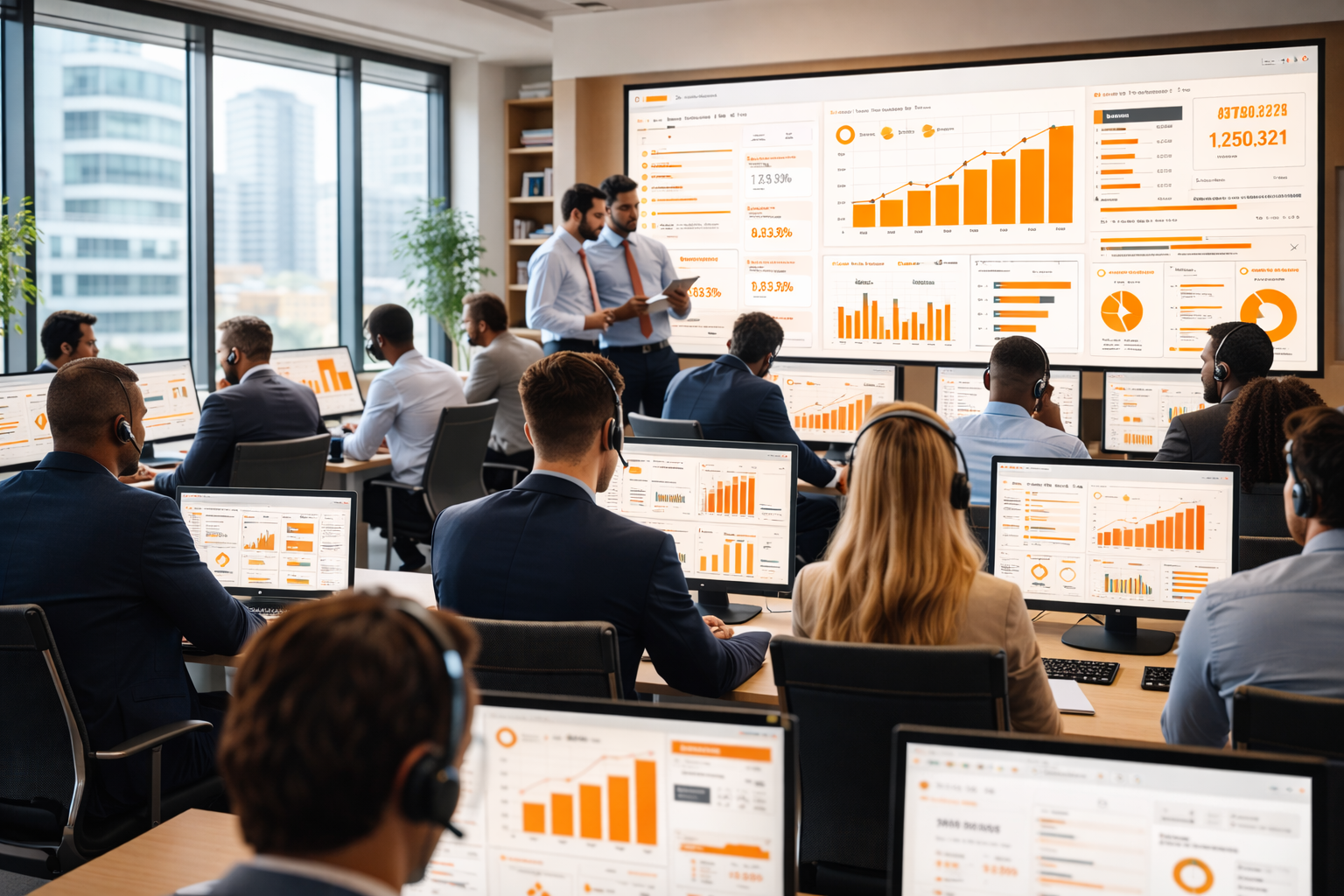 Team commerciale al lavoro su dashboard di vendita in un ufficio moderno
